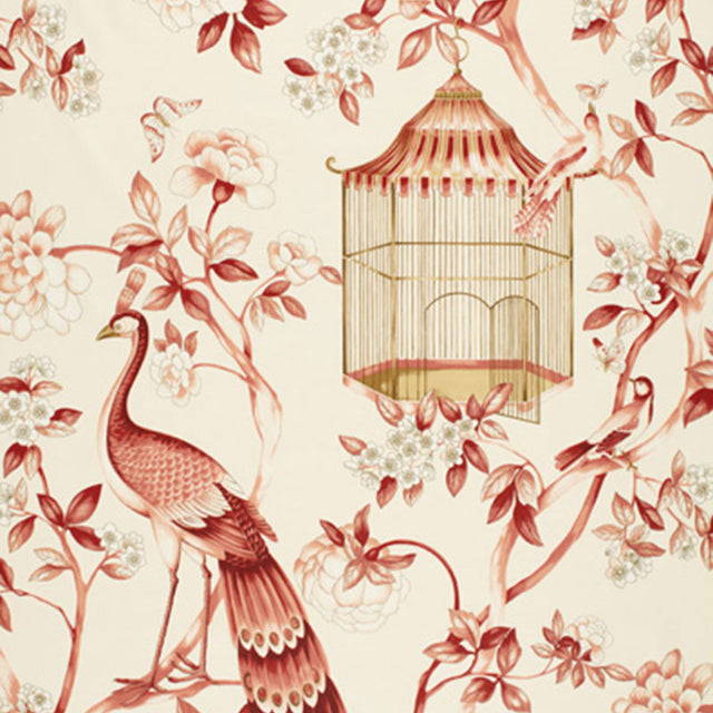 Schumacher Oiseaux Et Fleurs Cinnabar Fabric - Eade's Wallpaper