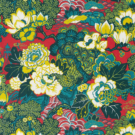Schumacher Shanghai Peacock Cerise Fabric - Eade's Wallpaper