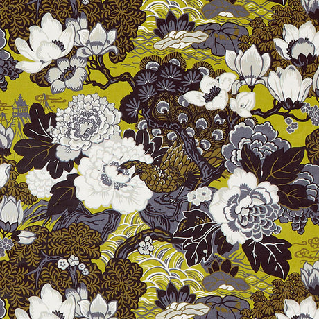 Schumacher Shanghai Peacock Brass Fabric - Eade's Wallpaper
