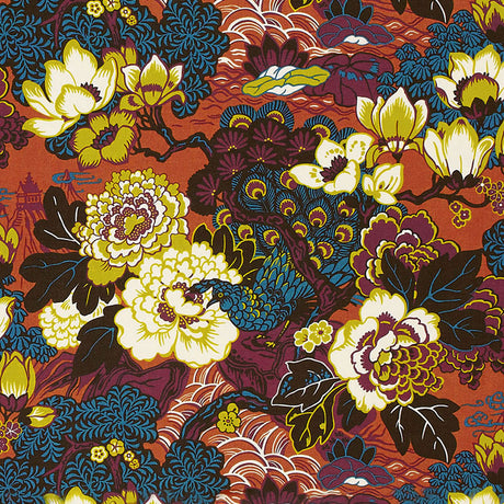 Schumacher Shanghai Peacock Cinnabar Fabric - Eade's Wallpaper