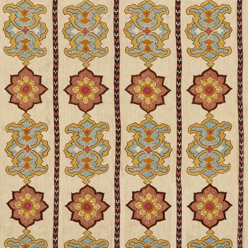 Schumacher Temara Hand Embroidered Print Spice Fabric - Eade's Wallpaper