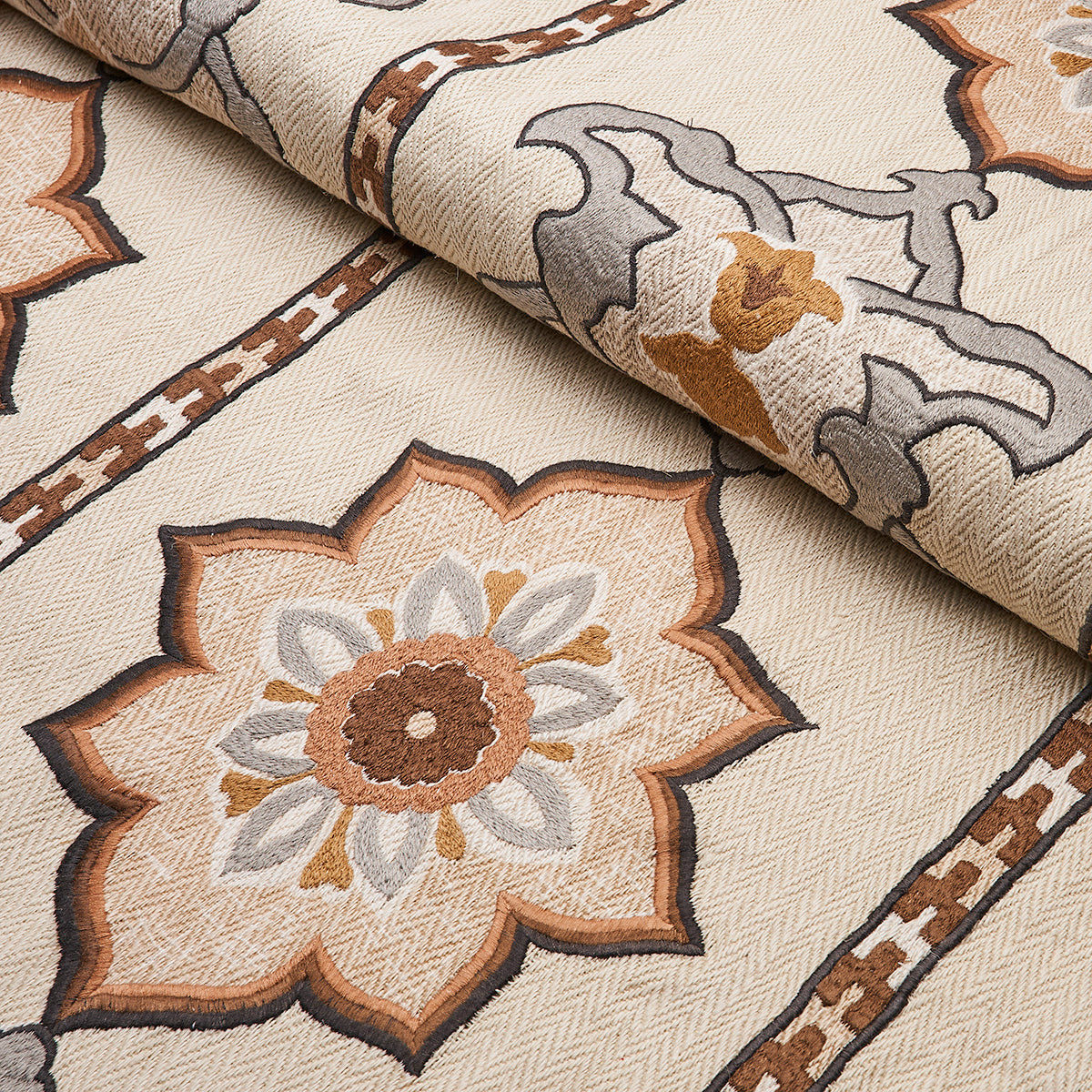Schumacher Temara Hand Embroidered Print Natural Fabric - Eade's Wallpaper