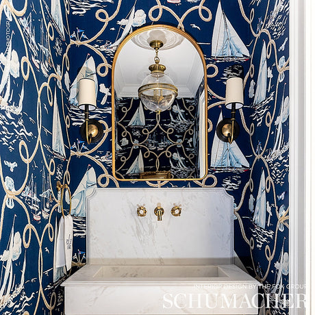 Schumacher Summer Regatta Linen Print Navy Fabric - Eade's Wallpaper