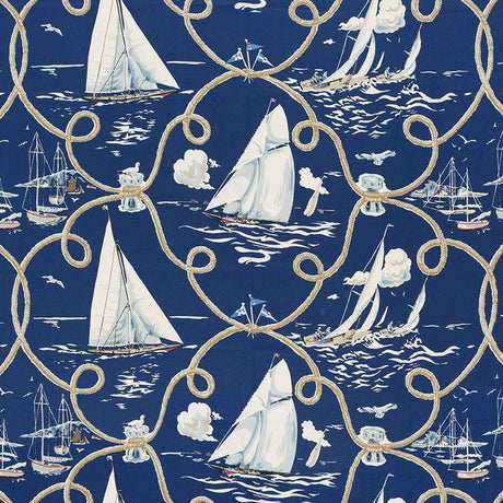 Schumacher Summer Regatta Linen Print Navy Fabric - Eade's Wallpaper