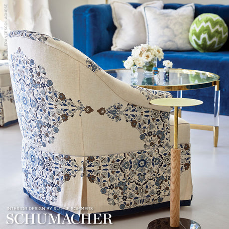 Schumacher Mehndi Linen Print Indigo Fabric - Eade's Wallpaper