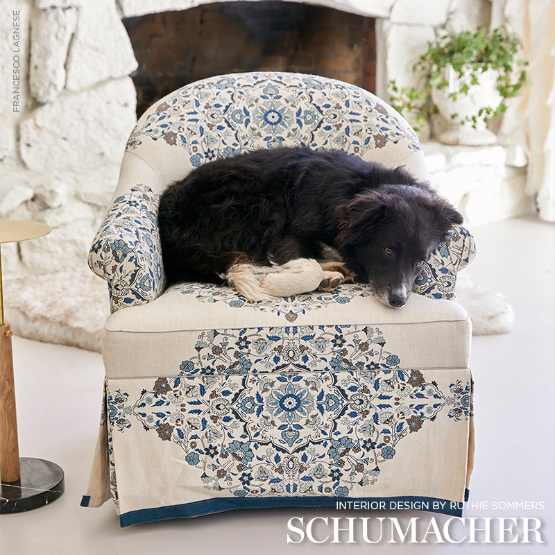 Schumacher Mehndi Linen Print Indigo Fabric - Eade's Wallpaper