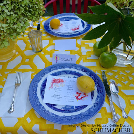 Schumacher Zanzibar Trellis Chintz Canary Fabric - Eade's Wallpaper