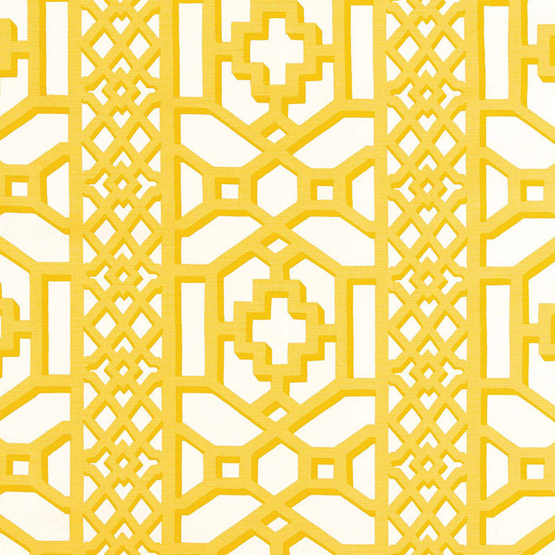 Schumacher Zanzibar Trellis Chintz Canary Fabric - Eade's Wallpaper