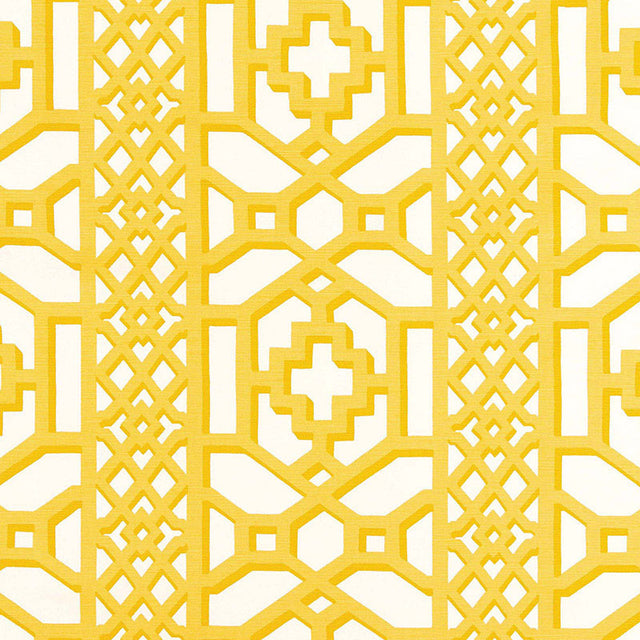 Schumacher Zanzibar Trellis Chintz Canary Fabric - Eade's Wallpaper