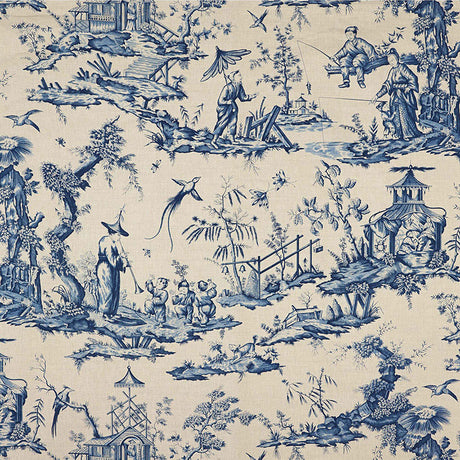 Schumacher Shengyou Toile Indigo Fabric - Eade's Wallpaper