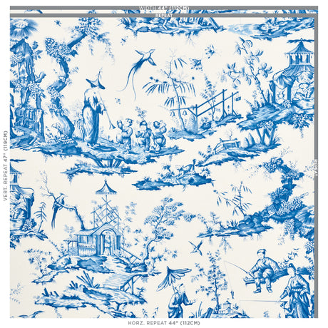 Schumacher Shengyou Toile Blue Fabric - Eade's Wallpaper