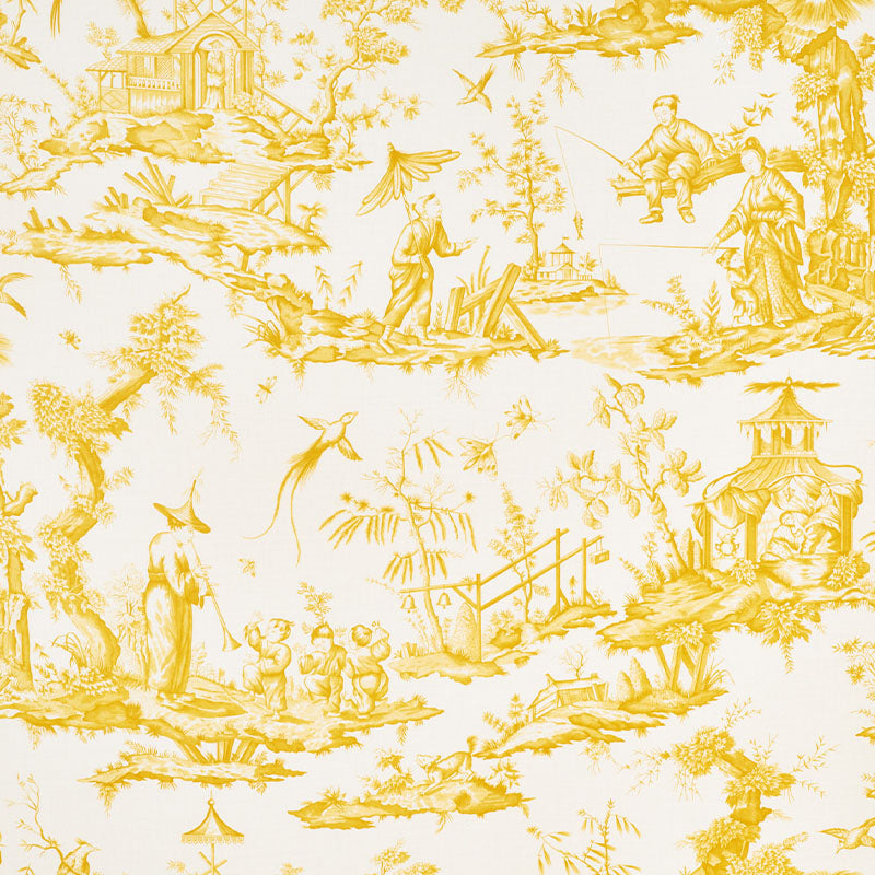 Schumacher Shengyou Toile Yellow Fabric - Eade's Wallpaper