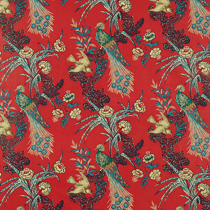 Schumacher Peacock Red Fabric - Eade's Wallpaper