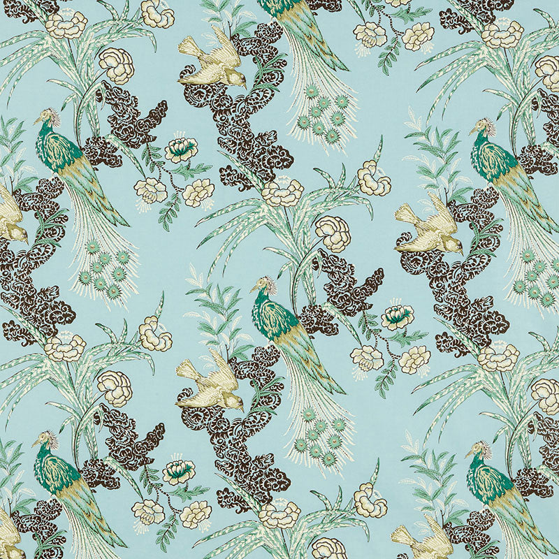 Schumacher Peacock Aqua Fabric - Eade's Wallpaper