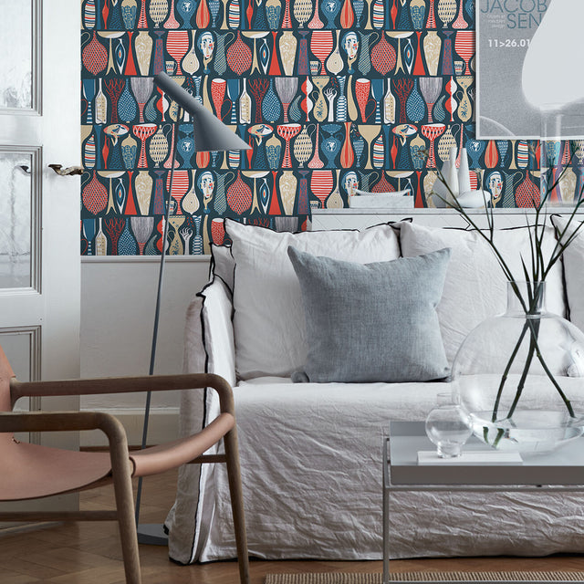 Schumacher 1760 POTTERY in NAVY AND RED Wallpaper - BORÃ…STA