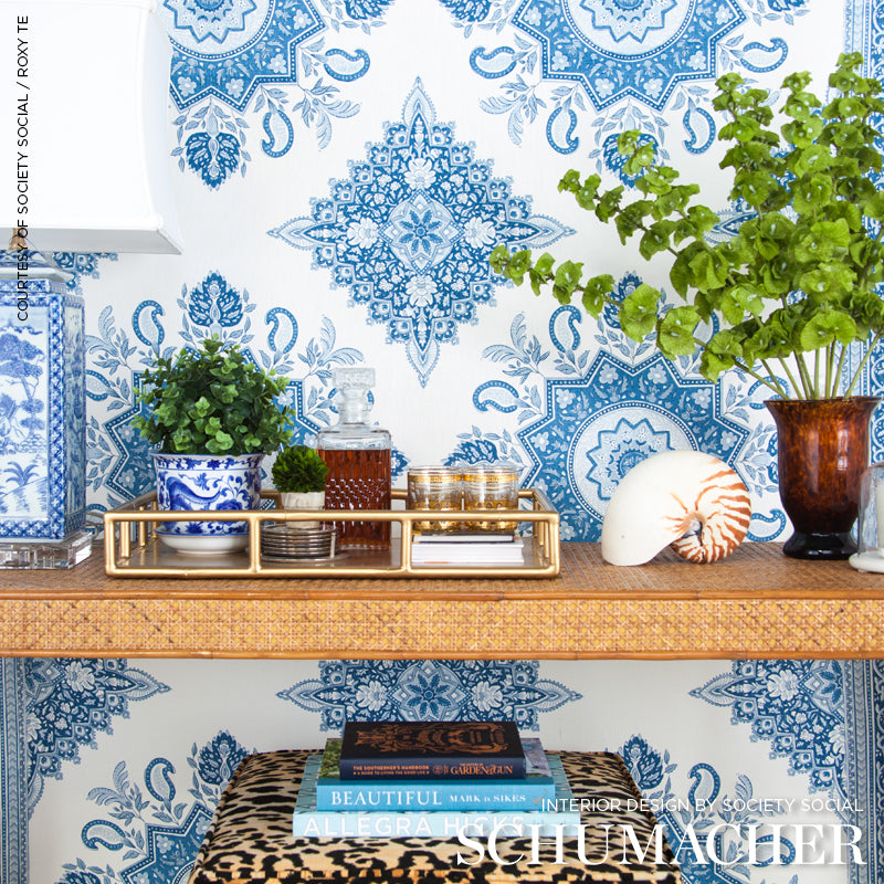 Schumacher Montecito Medallion Indigo Fabric - Eade's Wallpaper