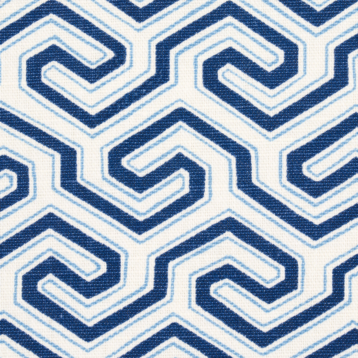 Schumacher Ming Fret Print Blue Fabric - Eade's Wallpaper
