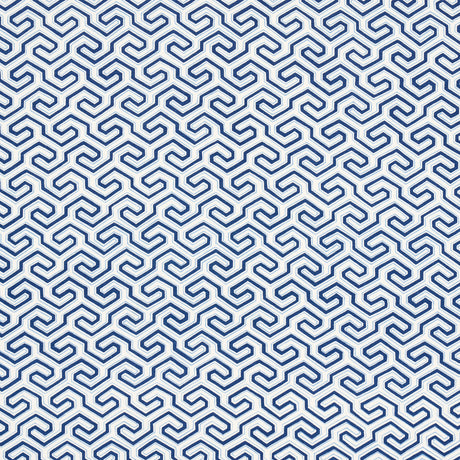 Schumacher Ming Fret Print Blue Fabric - Eade's Wallpaper