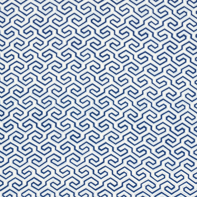 Schumacher Ming Fret Print Blue Fabric - Eade's Wallpaper