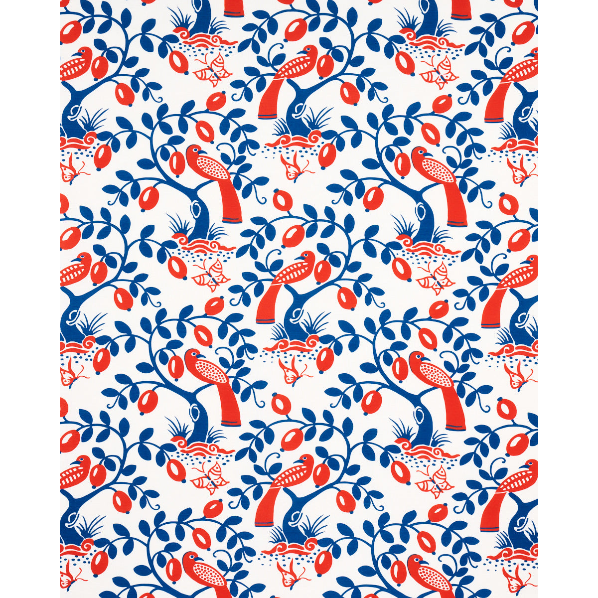 Schumacher Olive Tree Blue & Red Fabric - Eade's Wallpaper