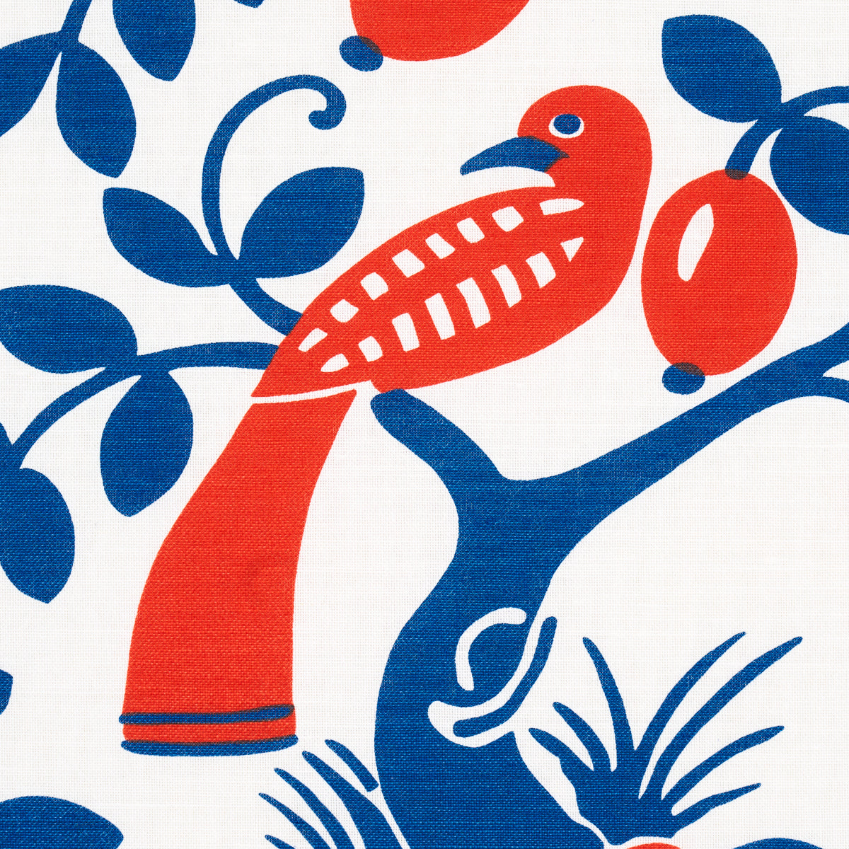 Schumacher Olive Tree Blue & Red Fabric - Eade's Wallpaper