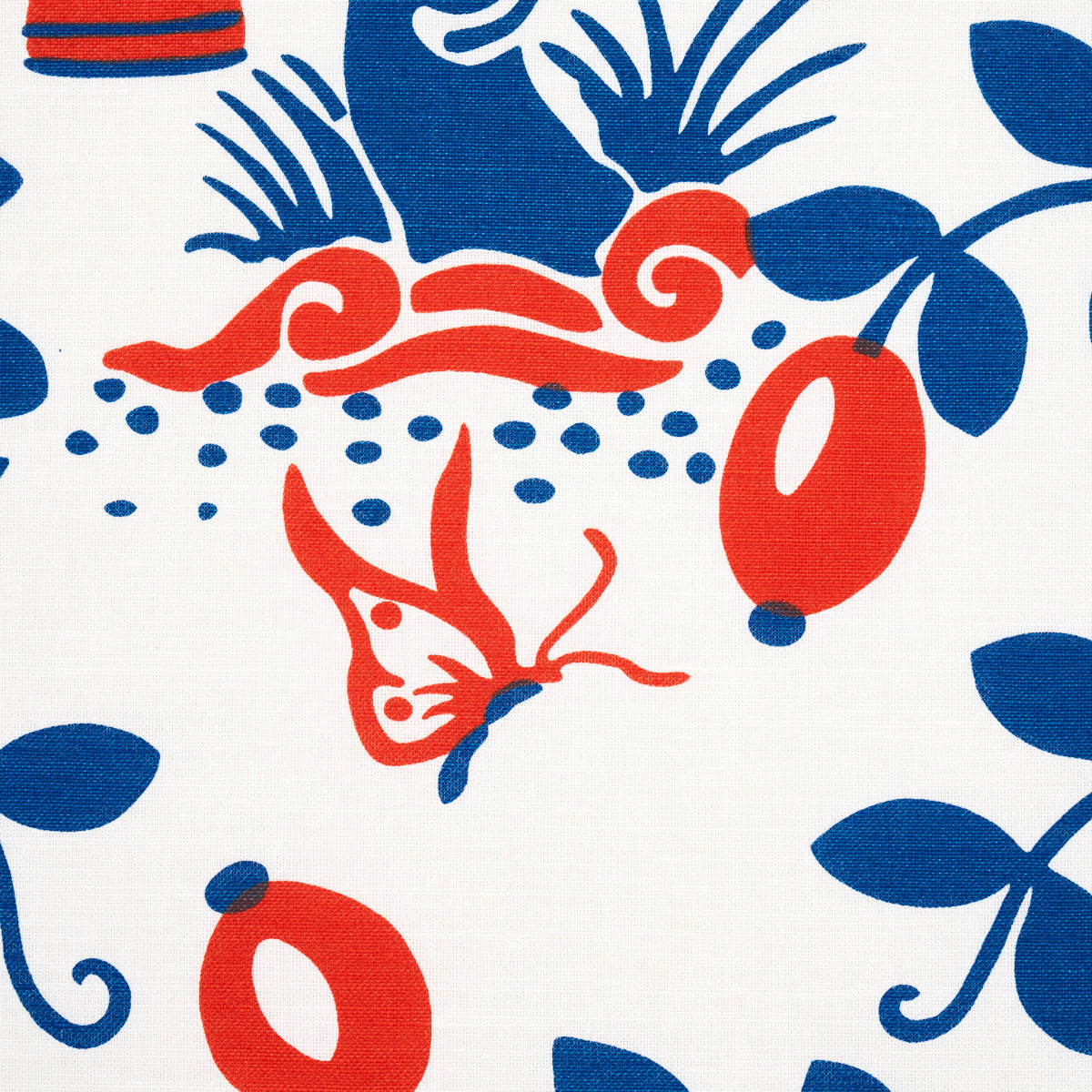 Schumacher Olive Tree Blue & Red Fabric - Eade's Wallpaper