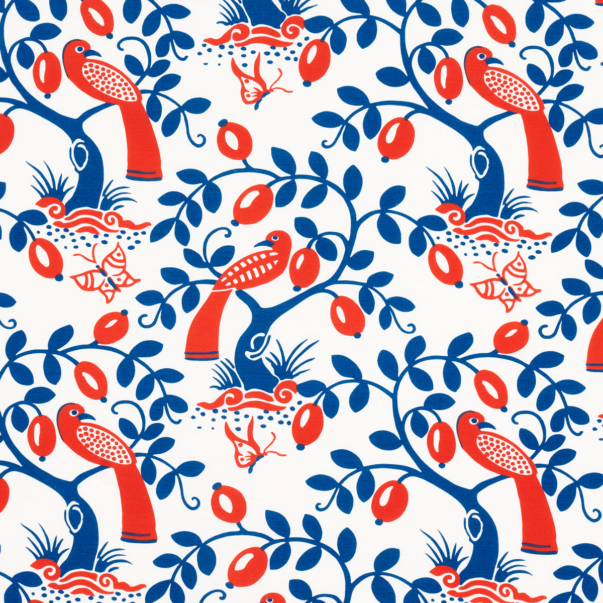 Schumacher Olive Tree Blue & Red Fabric - Eade's Wallpaper