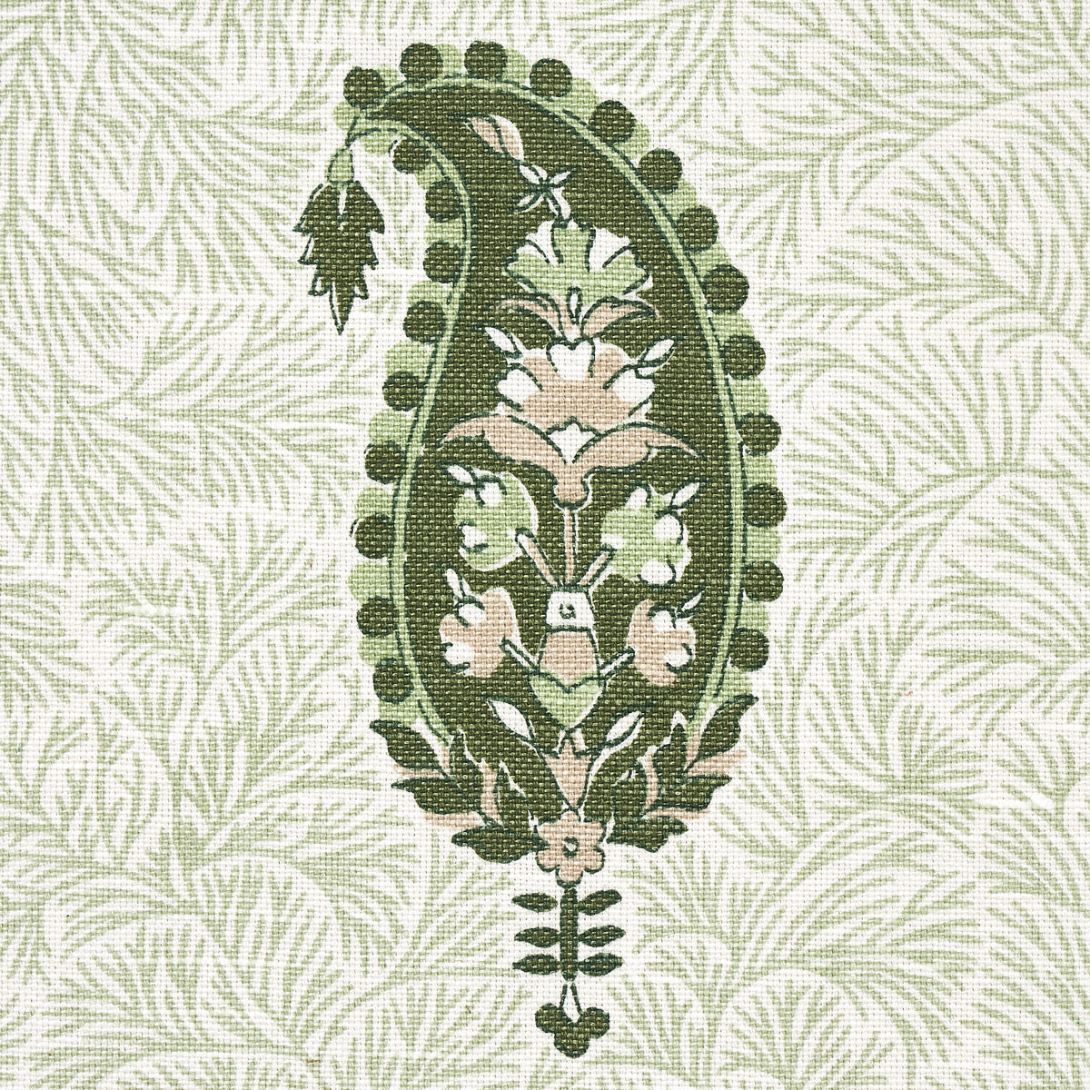 Schumacher Ojai Paisley Leaf Green Fabric - Eade's Wallpaper
