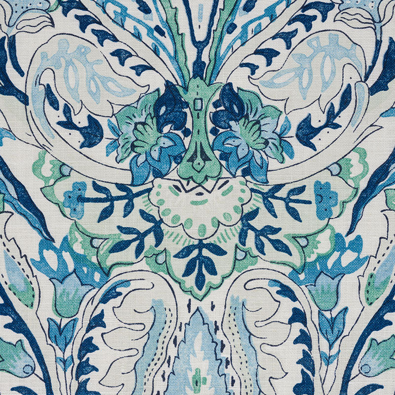 Schumacher Layla Paisley Blue & Green Fabric - Eade's Wallpaper