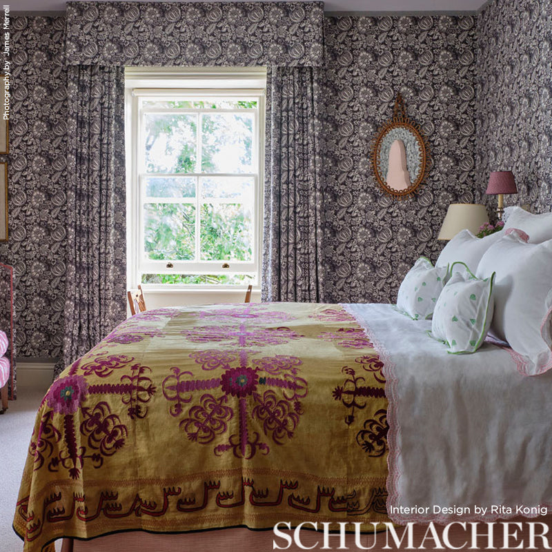Schumacher Pomegranate Print Charcoal Fabric - Eade's Wallpaper