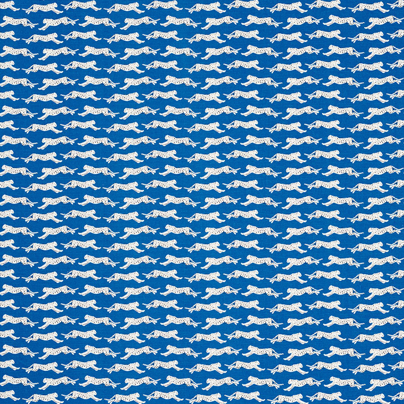 Schumacher Leaping Leopards Blue Fabric - Eade's Wallpaper