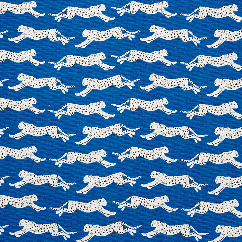 Schumacher Leaping Leopards Blue Fabric - Eade's Wallpaper