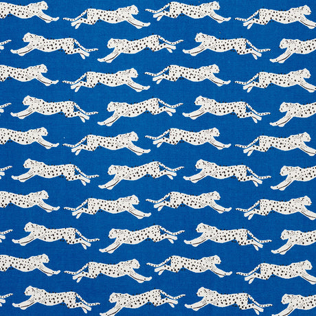 Schumacher Leaping Leopards Blue Fabric - Eade's Wallpaper