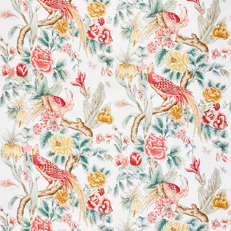 Schumacher Majestic Garden Rose & Celadon Fabric - Eade's Wallpaper