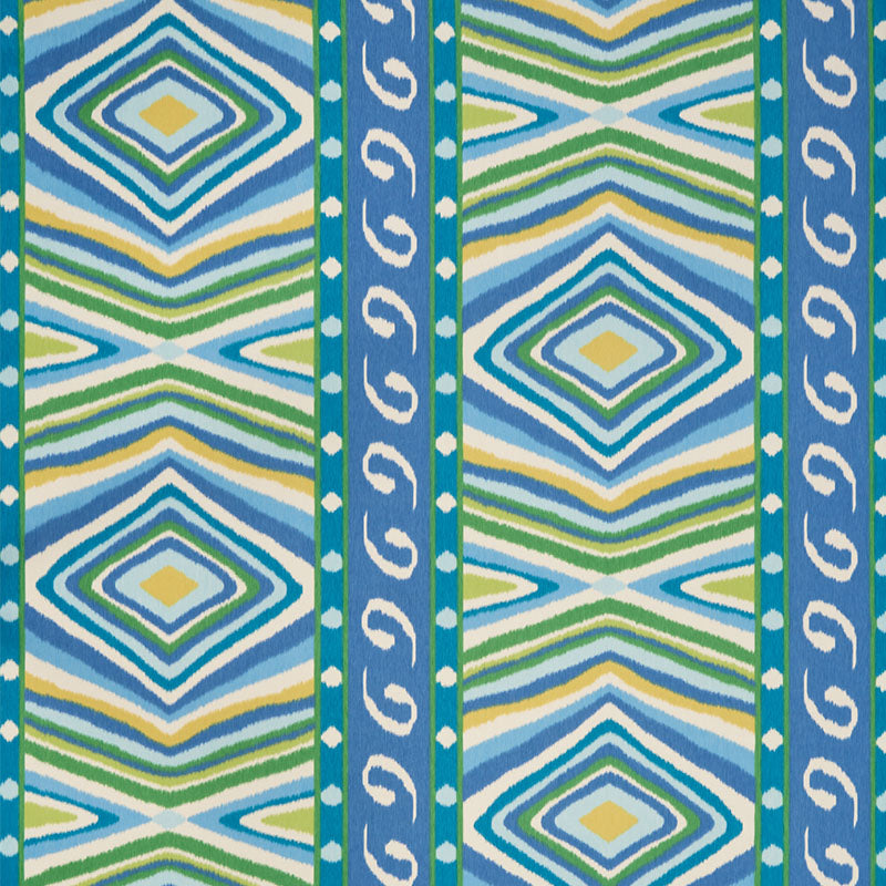 Schumacher Terence Ikat Peacock Fabric - Eade's Wallpaper