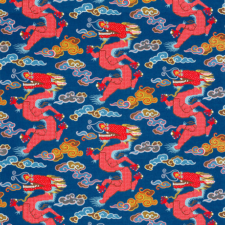 Schumacher Magical Ming Dragon Navy Fabric - Eade's Wallpaper