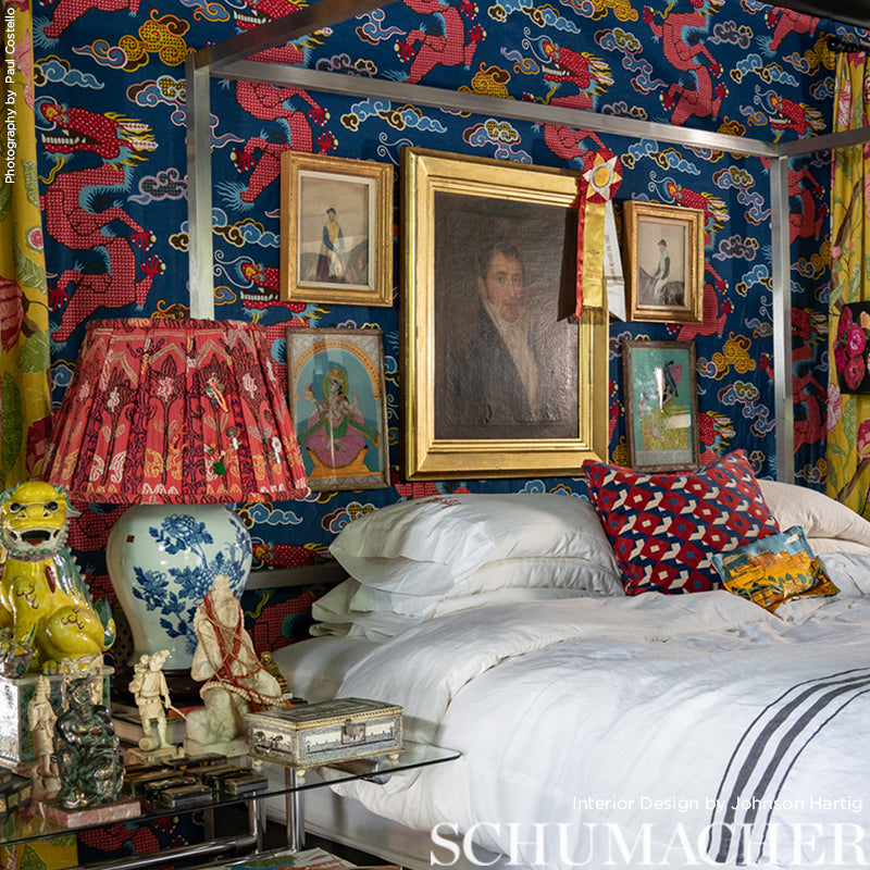 Schumacher Magical Ming Dragon Navy Fabric - Eade's Wallpaper