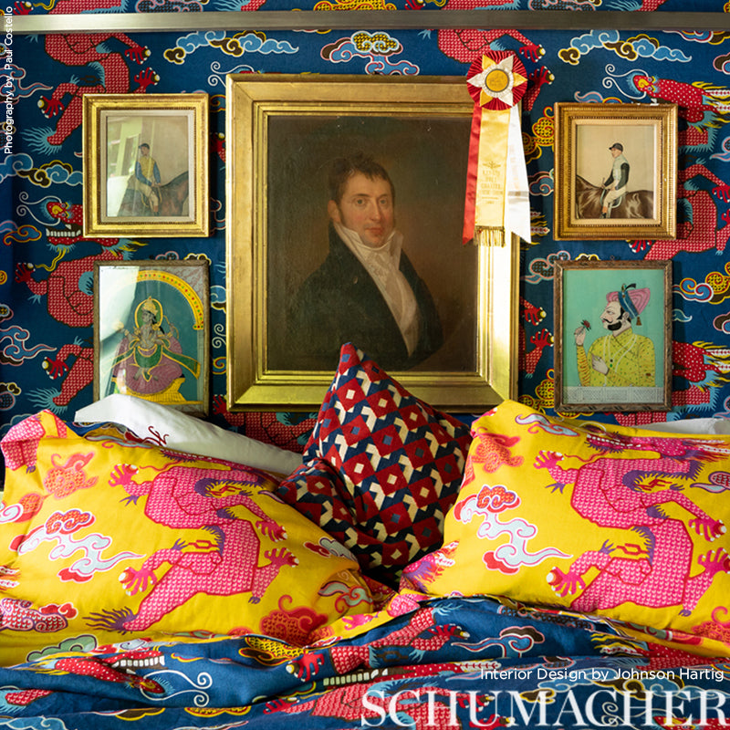 Schumacher Magical Ming Dragon Navy Fabric - Eade's Wallpaper