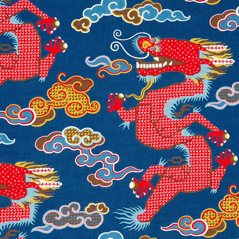 Schumacher Magical Ming Dragon Navy Fabric - Eade's Wallpaper