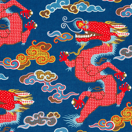 Schumacher Magical Ming Dragon Navy Fabric - Eade's Wallpaper