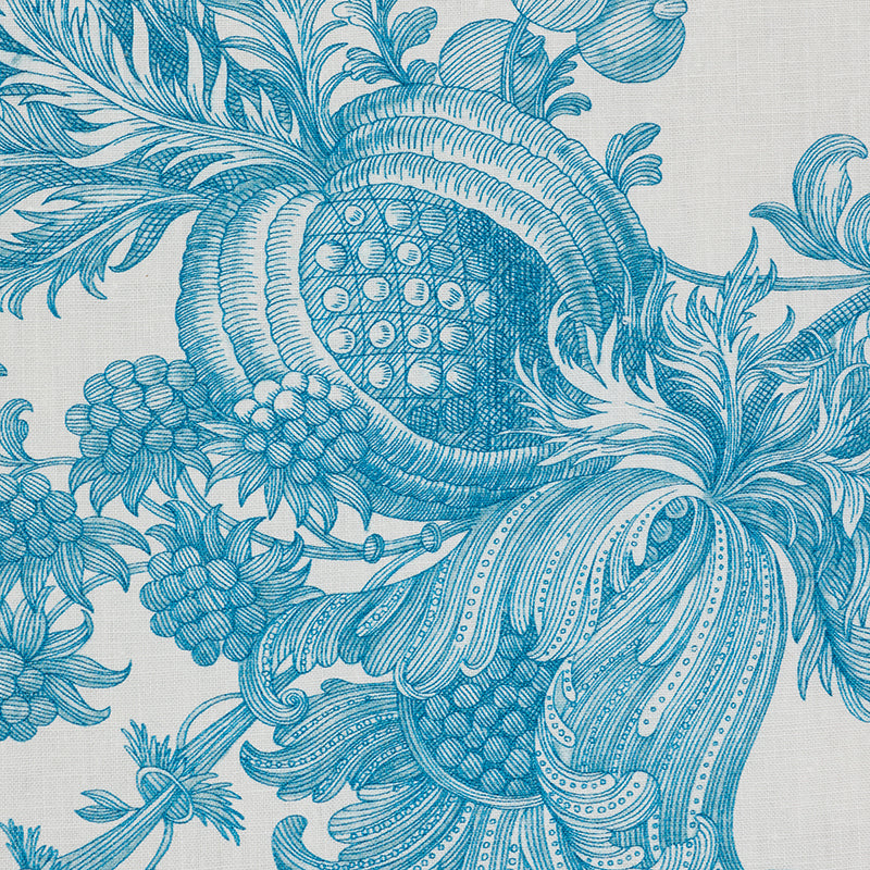 Schumacher San Cristobal Toile Peacock Fabric - Eade's Wallpaper