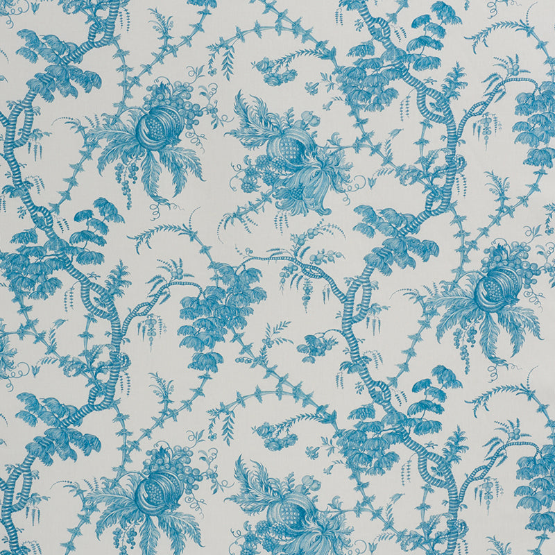 Schumacher San Cristobal Toile Peacock Fabric - Eade's Wallpaper