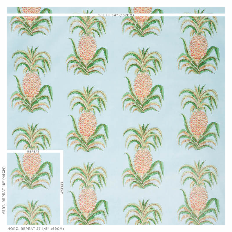Schumacher Pineapples Chintz Sky Fabric - Eade's Wallpaper