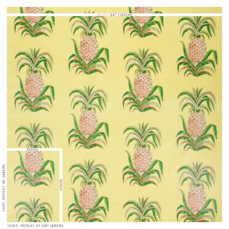 Schumacher Pineapples Chintz Yellow Fabric - Eade's Wallpaper