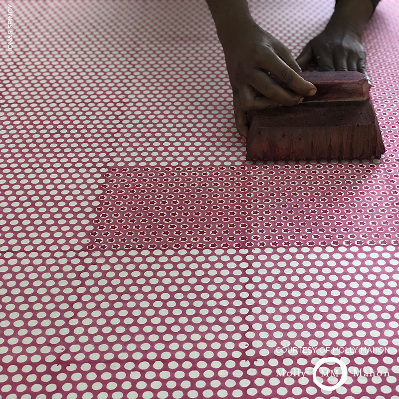 Schumacher Tuk Tuk Hand Block Print Pink Fabric - Eade's Wallpaper