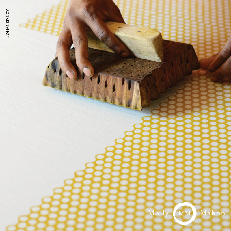 Schumacher Tuk Tuk Hand Block Print Yellow Fabric - Eade's Wallpaper