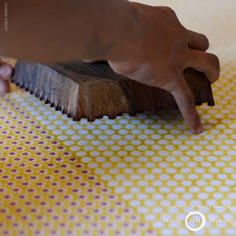 Schumacher Tuk Tuk Hand Block Print Yellow Fabric - Eade's Wallpaper