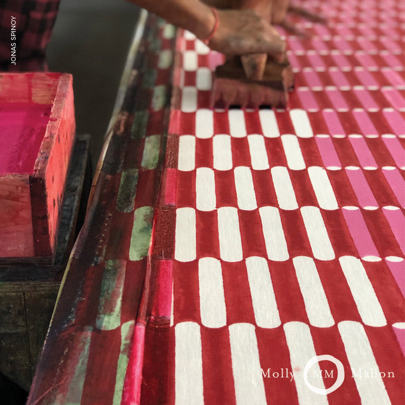 Schumacher Luna Hand Block Print Pink & Red Fabric - Eade's Wallpaper