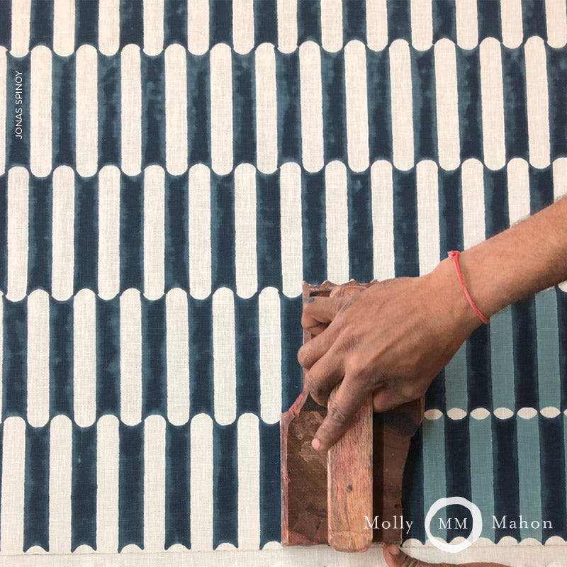 Schumacher Luna Hand Block Print Blue & Turmeric Fabric - Eade's Wallpaper