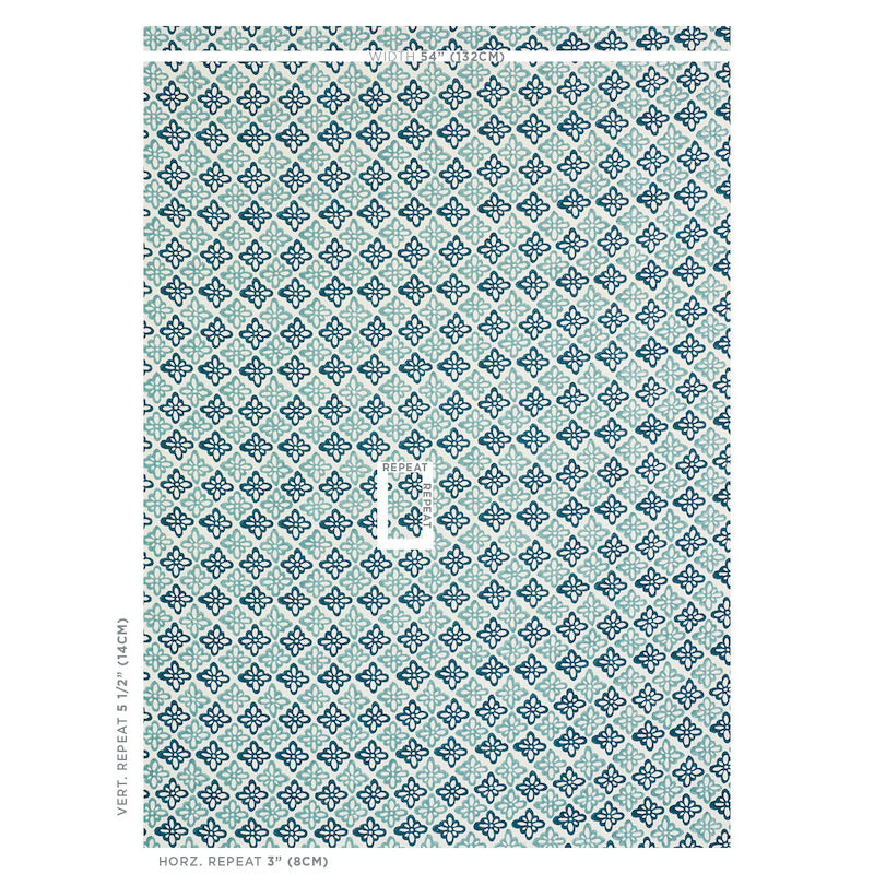 Schumacher Pattee Hand Block Print Blue Fabric - Eade's Wallpaper